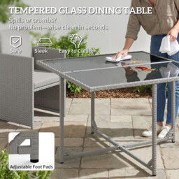 Outsunny 9 Piece Rattan Cube Garden Furniture Dining Set with Armchairs, Footstools and Glass-Top Table, Light Grey - thumbnail 7