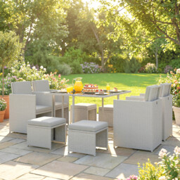 Outsunny 9 Piece Rattan Cube Garden Furniture Dining Set with Armchairs, Footstools and Glass-Top Table, Light Grey - thumbnail 9