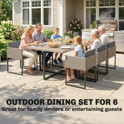Outsunny 7 Piece Rattan Garden Furniture Set, Garden Dining Set with Wood-Plastic Table and 6 Stackable Chairs, Light Grey - thumbnail 4