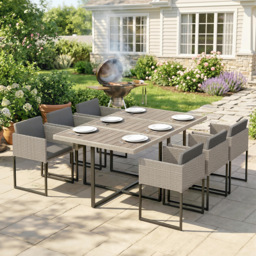 Outsunny 7 Piece Rattan Garden Furniture Set, Garden Dining Set with Wood-Plastic Table and 6 Stackable Chairs, Light Grey - thumbnail 3