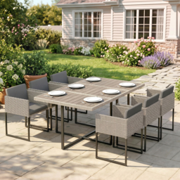 Outsunny 7 Piece Rattan Garden Furniture Set, Garden Dining Set with Wood-Plastic Table and 6 Stackable Chairs, Light Grey - thumbnail 2