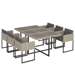 Outsunny 7 Piece Rattan Garden Furniture Set, Garden Dining Set with Wood-Plastic Table and 6 Stackable Chairs, Light Grey - thumbnail 1