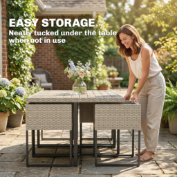 Outsunny 7 Piece Rattan Garden Furniture Set, Garden Dining Set with Wood-Plastic Table and 6 Stackable Chairs, Light Grey - thumbnail 5