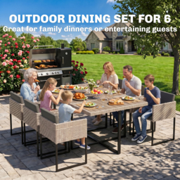 Outsunny 7 Piece Rattan Garden Furniture Set, Garden Dining Set with Wood-Plastic Table and 6 Stackable Chairs, Light Grey - thumbnail 4