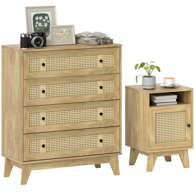 HOMCOM Chest of Drawer with 4 Rattan Drawers, Beside Table with Door, Natural - image 1
