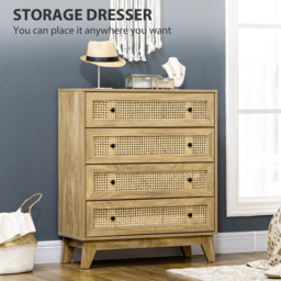 HOMCOM Chest of Drawer with 4 Rattan Drawers, Beside Table with Door, Natural - thumbnail 4