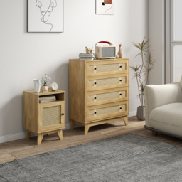 HOMCOM Chest of Drawer with 4 Rattan Drawers, Beside Table with Door, Natural - thumbnail 2