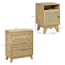 HOMCOM Chest of Drawer with 4 Rattan Drawers, Beside Table with Door, Natural - thumbnail 3