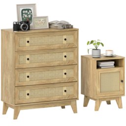 HOMCOM Chest of Drawer with 4 Rattan Drawers, Beside Table with Door, Natural - thumbnail 1