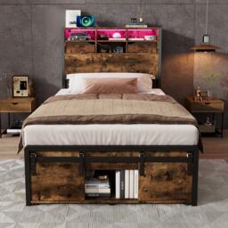 Modern Metal Single Bed with LED Lights and Charging Ports, Crafted Headboard with Iron Slats, 209L x 90.5W x 114.5H cm, Black+Natural - Aosom UK - thumbnail 6