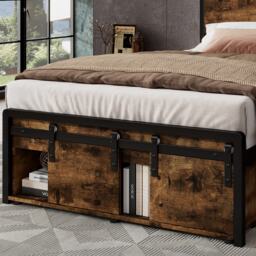 Modern Metal Single Bed with LED Lights and Charging Ports, Crafted Headboard with Iron Slats, 209L x 90.5W x 114.5H cm, Black+Natural - Aosom UK - thumbnail 9