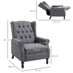 HOMCOM Recliner Armchair for Living Room, Wingback Chair with Button Tufted Back and Footrest, Light Grey - Aosom UK - thumbnail 3