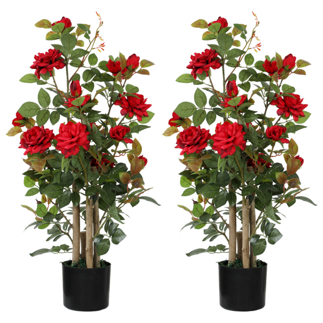 HOMCOM 90cm Artificial Rose Tree Set of 2, Decorative Fake Plant with 344 Silk Leaves 17 Flowers for Outdoor Indoor Decor, Red - image 1