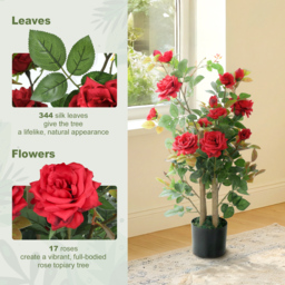 HOMCOM 90cm Artificial Rose Tree Set of 2, Decorative Fake Plant with 344 Silk Leaves 17 Flowers for Outdoor Indoor Decor, Red - thumbnail 4