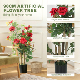 HOMCOM 90cm Artificial Rose Tree Set of 2, Decorative Fake Plant with 344 Silk Leaves 17 Flowers for Outdoor Indoor Decor, Red - thumbnail 5