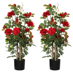 HOMCOM 90cm Artificial Rose Tree Set of 2, Decorative Fake Plant with 344 Silk Leaves 17 Flowers for Outdoor Indoor Decor, Red - thumbnail 1