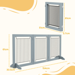 PawHut Foldable Pet Gate, with Three Panels & Two Support Feet - Grey - thumbnail 3
