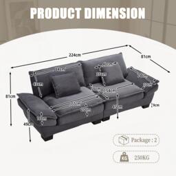 Oversized Two-Seater Sofa with Modern Deep-Seated Modular Design, Comfortable Daybed with Ergonomic Curves, 224L x 81W x 81H cm, Dark Gray - Aosom UK - thumbnail 3