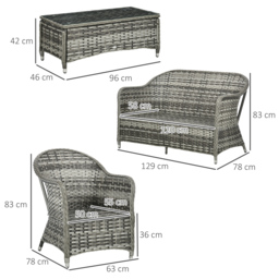Outsunny 4 Pieces PE Rattan Wicker Sofa Set Outdoor Conservatory Furniture Lawn Patio Coffee Table w/ Cushion, Grey - Aosom UK - thumbnail 3