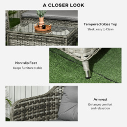 Outsunny 4 Pieces PE Rattan Wicker Sofa Set Outdoor Conservatory Furniture Lawn Patio Coffee Table w/ Cushion, Grey - Aosom UK - thumbnail 6