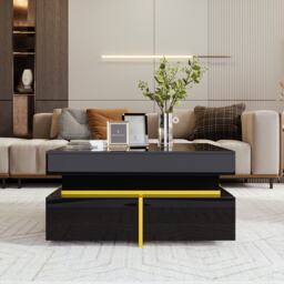 High-Gloss Coffee Table with Accents, Drawers and Practical Storage, Side Table Ideal for Modern Elegance, 70L x 70W x 35.5H cm, Black - Aosom UK