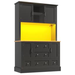 Tall Kitchen Cabinet with Open Middle Shelf and Five Drawers, Large Storage Cupboard for Dining Room, 115L x 40W x 180H cm, Black - Aosom UK - thumbnail 2