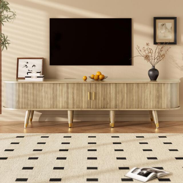 Modern TV Cabinet with Sliding Door, Large Multifunctional Storage, TV Stand with Open Shelves, Drawers, 175L x 38W x 45H cm, Natural - Aosom UK - image 1