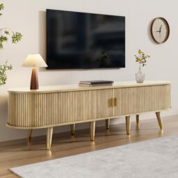 Modern TV Cabinet with Sliding Door, Large Multifunctional Storage, TV Stand with Open Shelves, Drawers, 175L x 38W x 45H cm, Natural - Aosom UK - thumbnail 4