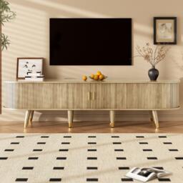 Modern TV Cabinet with Sliding Door, Large Multifunctional Storage, TV Stand with Open Shelves, Drawers, 175L x 38W x 45H cm, Natural - Aosom UK - thumbnail 1