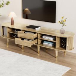 Modern TV Cabinet with Sliding Door, Large Multifunctional Storage, TV Stand with Open Shelves, Drawers, 175L x 38W x 45H cm, Natural - Aosom UK - thumbnail 5