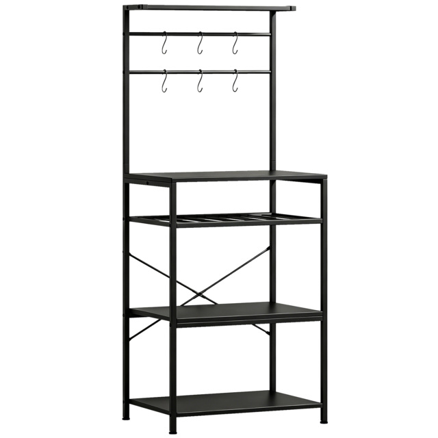 HOMCOM Freestanding Shelving Unit, Industrial Storage Shelf with 6 Hooks and Wine Rack for Living Room, Home Office, Black - image 1