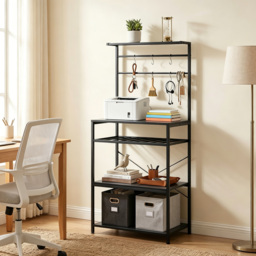 HOMCOM Freestanding Shelving Unit, Industrial Storage Shelf with 6 Hooks and Wine Rack for Living Room, Home Office, Black - thumbnail 8