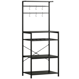 HOMCOM Freestanding Shelving Unit, Industrial Storage Shelf with 6 Hooks and Wine Rack for Living Room, Home Office, Black
