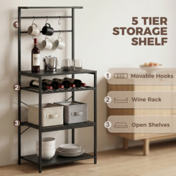 HOMCOM Freestanding Shelving Unit, Industrial Storage Shelf with 6 Hooks and Wine Rack for Living Room, Home Office, Black - thumbnail 4