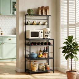 HOMCOM Freestanding Shelving Unit, Industrial Storage Shelf with 6 Hooks and Wine Rack for Living Room, Home Office, Black - thumbnail 2