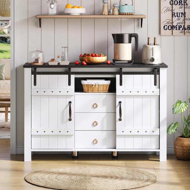 Versatile Sideboard with 3 Drawers and Quiet Sliding Doors, Rustic Buffet Cabinet for Kitchen, Dining Areas, 120L x 40W x 80H cm, White - Aosom UK - image 1