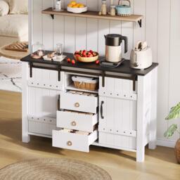 Versatile Sideboard with 3 Drawers and Quiet Sliding Doors, Rustic Buffet Cabinet for Kitchen, Dining Areas, 120L x 40W x 80H cm, White - Aosom UK - thumbnail 7