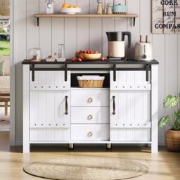 Versatile Sideboard with 3 Drawers and Quiet Sliding Doors, Rustic Buffet Cabinet for Kitchen, Dining Areas, 120L x 40W x 80H cm, White - Aosom UK