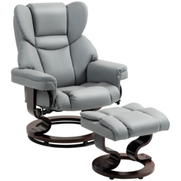 Faux Leather Recliner Chair and Footstool, HOMCOM Swivel Upholstered Armchair w/ Adjustable Backrest, Wood Base, Light Grey - Aosom UK - thumbnail 1