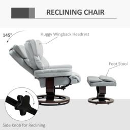 Faux Leather Recliner Chair and Footstool, HOMCOM Swivel Upholstered Armchair w/ Adjustable Backrest, Wood Base, Light Grey - Aosom UK - thumbnail 4