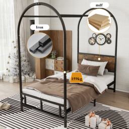 Canopy Bed Frame with Durable Iron and MDF Construction, Wooden Headboard, Easy Installation, Versatile for Various Bedroom Styles, Black - Aosom UK - thumbnail 4