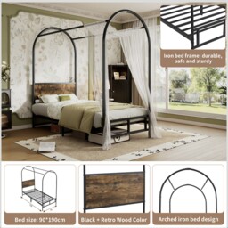 Canopy Bed Frame with Durable Iron and MDF Construction, Wooden Headboard, Easy Installation, Versatile for Various Bedroom Styles, Black - Aosom UK - thumbnail 5