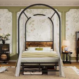 Canopy Bed Frame with Durable Iron and MDF Construction, Wooden Headboard, Easy Installation, Versatile for Various Bedroom Styles, Black - Aosom UK - thumbnail 9