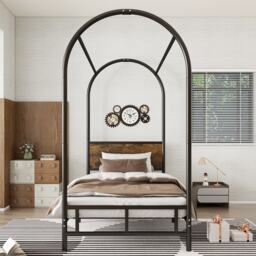 Canopy Bed Frame with Durable Iron and MDF Construction, Wooden Headboard, Easy Installation, Versatile for Various Bedroom Styles, Black - Aosom UK - thumbnail 8