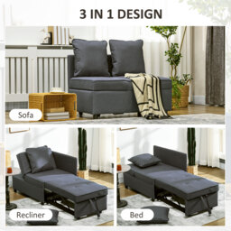 HOMCOM 3-In-1 Single Sofa Bed with Seat Thickness, Fold Out Chair Bed with 5-positon Adjustable Back & Removable and Washable Pillow, Grey - Aosom UK - thumbnail 4
