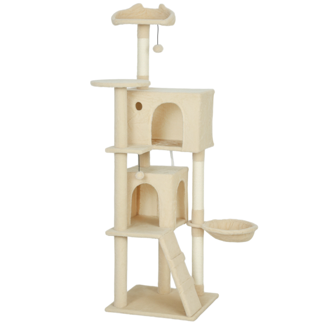 PawHut 160cm Large Cat Tree Tower with Sisal Scratching Posts, Condos, Plush Perches, Hammock, Ladder, Beige - image 1