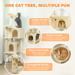 PawHut 160cm Large Cat Tree Tower with Sisal Scratching Posts, Condos, Plush Perches, Hammock, Ladder, Beige - thumbnail 4