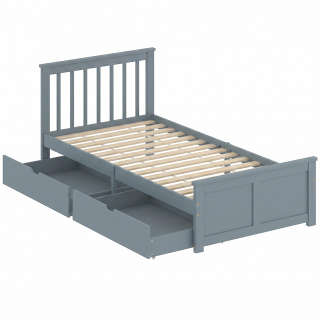 HOMCOM Pine Storage Bed, 3ft Single Solid Wooden Bed Frame with Drawers, Headboard, Wood Slat Support, Grey - image 1