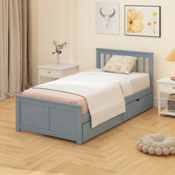 HOMCOM Pine Storage Bed, 3ft Single Solid Wooden Bed Frame with Drawers, Headboard, Wood Slat Support, Grey - thumbnail 9