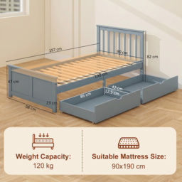 HOMCOM Pine Storage Bed, 3ft Single Solid Wooden Bed Frame with Drawers, Headboard, Wood Slat Support, Grey - thumbnail 3